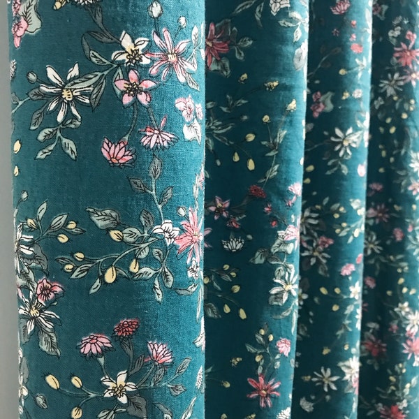 Modern Vintage Teal Background Multi-color Floral Drawing Patterned Washed Linen Cotton Curtain 53 Width Various Lengths Custom Drapes