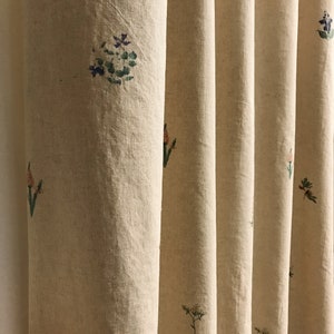 Modern Vintage Subtle Botanical Pattern Washed Linen Cotton Curtain Natural Beige Background Drapery 53 Width Various Lengths Custom Drapes