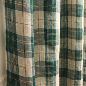 Modern Vintage Teal Green Red Tartan Plaid Pattern Linen Curtain Natural Beige Background Drapery 52 Width Various Lengths Custom Drapes