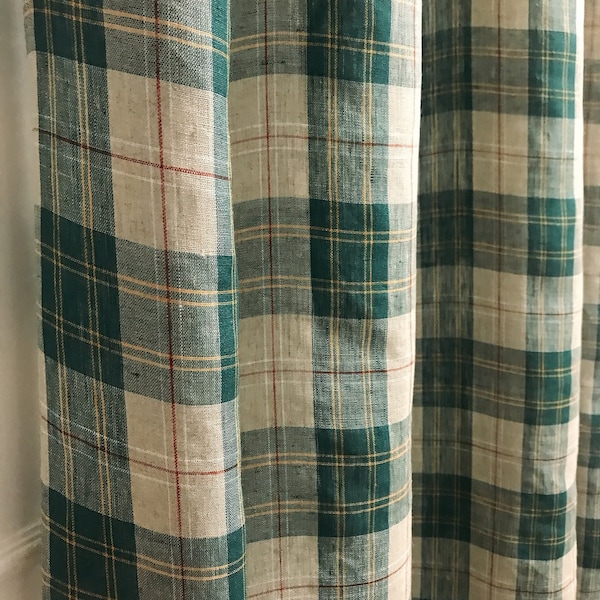 Modern Vintage Teal Green Red Tartan Plaid Pattern Linen Curtain Natural Beige Background Drapery 52 Width Various Lengths Custom Drapes