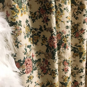 Modern Vintage Pink Yellow Floral Pattern Washed Linen Cotton Curtain Raw Natural Linen Background Drapery 55 Width Various Custom Lengths