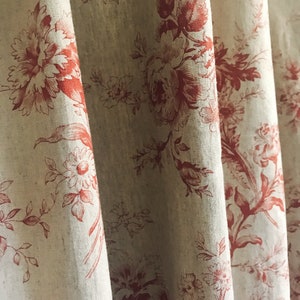 Modern Vintage Red Floral Pattern Bio Washed Linen Cotton Curtain Raw Natural Linen Background Drapery Panel 53 Width Various Custom Lengths image 1