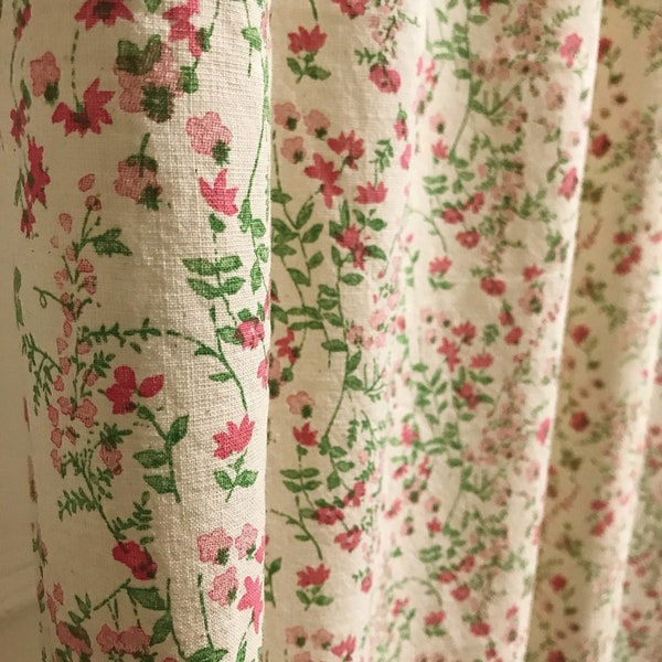 Modern Vintage Pink Green Floral Pattern Washed Cotton Curtain Natural Beige Background Drapery Panel 53 Width Various Length Custom Drapes