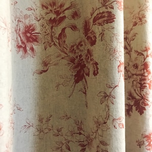 Modern Vintage Red Floral Pattern Bio Washed Linen Cotton Curtain Raw Natural Linen Background Drapery Panel 53 Width Various Custom Lengths image 6