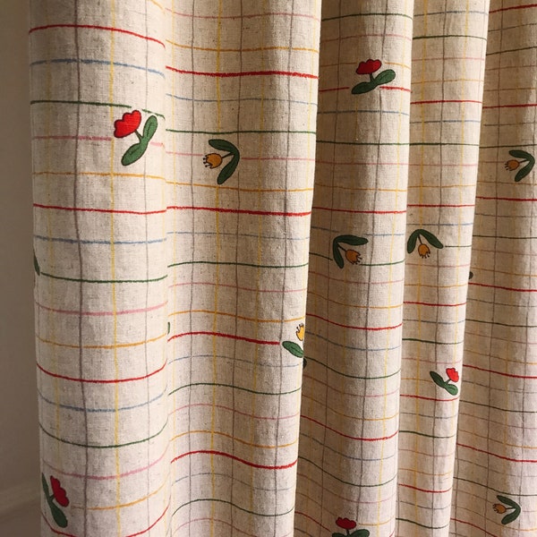 Multi-Color Stripes Tulips Pattern Washed Linen Cotton Curtain Natural Beige Background Drapery Panel 53 Width Various Lengths Custom Drapes