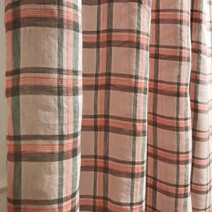 Pink Tartan Plaid Pattern Linen Curtain Light Pink Background Checked Drapery Panel 55 Width Various Lengths Custom Drapes