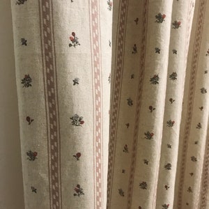 Modern Vintage Dark Pale Pink Vertical Stripes Tiny Floral Pattern Linen Cotton Curtain Tan Beige Background Drapery 55Width Various Lengths