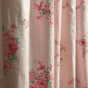 Modern Vintage Pink Large Floral Pattern Washed Linen Cotton Curtains Light Pink Background Drapery Panel 53 Width Various Custom Lengths