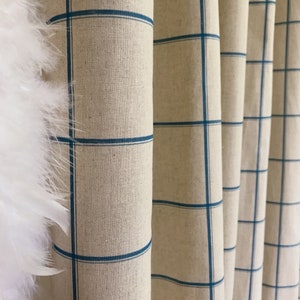 Modern Vintage Blue Check Plaid Pattern Washed Linen Cotton Curtain Natural Beige Background Custom Drapery 53 Width Various Length