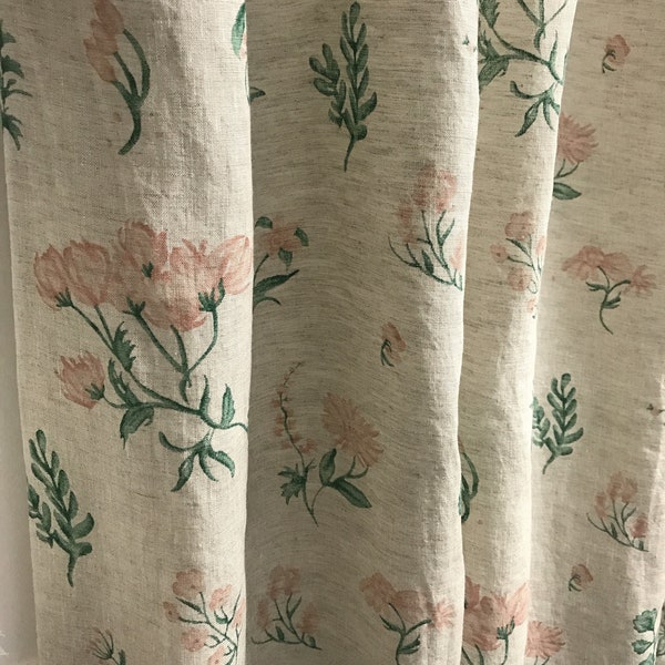 Modern Vintage Pale Baby Pink Floral Pattern Washed Linen Curtain Light Melange Background Drapery 53 Width Various Lengths Custom Drapes