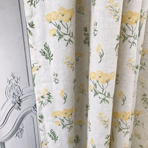Modern Vintage Pale Yellow Floral Pattern Bio Washed Linen Curtain Light Melange Background Drapery 53 Width Various Lengths Custom Drapes
