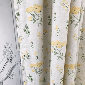 Modern Vintage Pale Yellow Floral Pattern Washed Linen Curtain on Soft Light Melange Drapery 53 Width Various Lengths Custom Drapes