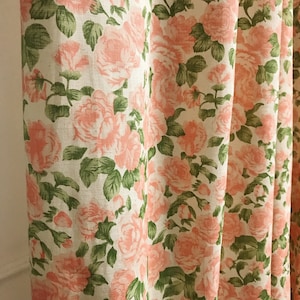Modern Vintage Mood Peach Roses Pattern Washed Cotton Curtain Natural Beige Background Drapery Panel 53 Width Various Lengths Custom Drapes