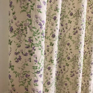 Modern Vintage Purple Green Floral Pattern Washed Cotton Curtain Natural Beige Background Drapery 53 Width Various Lengths Custom Drapes
