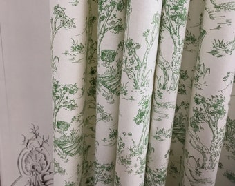 Modern Vintage Green Farm Scenery Hand Drawing Print Pattern Curtain Natural Beige Background Drapery 50 Width Various Lengths Custom Drape