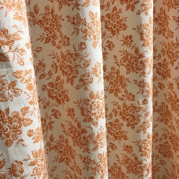 Modern Vintage Orange Brown Floral Pattern Soft Cotton Curtain Creamy Ivory Background Drapery Panel 55 Width Various Lengths Custom Drapes