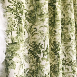 Modern Vintage Deep Khaki Green Forest Pattern Washed Cotton Curtain Natural Beige Background Drapery 53 Width X 64 inches One Panel