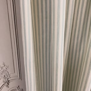 Modern Vintage Light Faded Sage Green Mint Striped Curtain with Ivory Background Cotton Drapery Panel 55 Width Various Lengths Custom Drapes