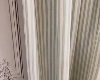 Modern Vintage Light Faded Sage Green Mint Striped Curtain with Ivory Background Cotton Drapery Panel 55 Width Various Lengths Custom Drapes