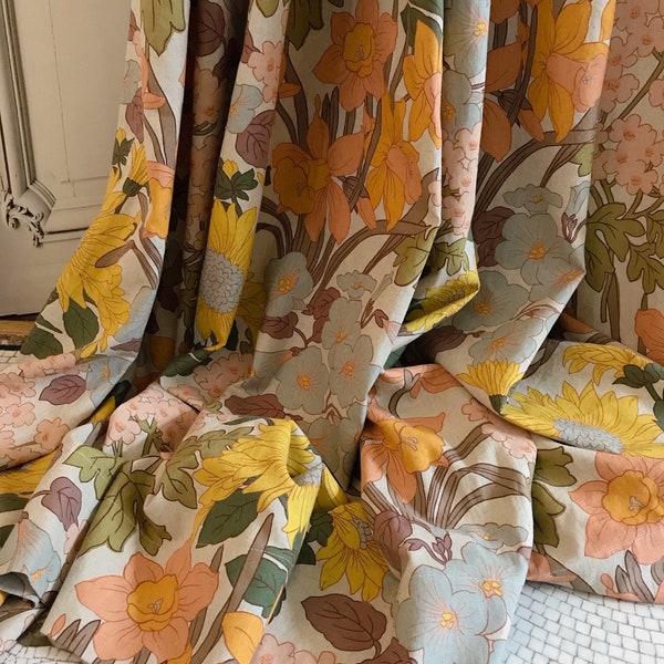 Modern Vintage Sunflower Blossom Pattern Washed Linen Cotton Curtain Natural Beige Background Custom Drapery 53 Width Various Lengths Drapes