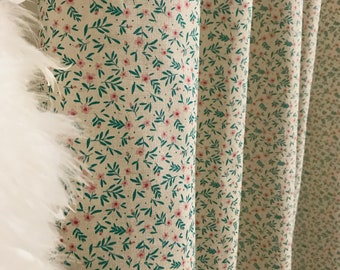 Modern Vintage Teal Sprout Floral Print Washed Linen Cotton Curtain Grayish Beige Background Drapery Panel 53 Width Various Custom Lengths