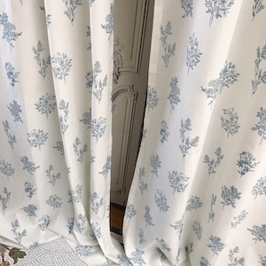 Modern Vintage Blue Floral Pattern Linen Cotton Curtain Ivory Background Drapery Panel 50 Width Various Lengths Custom Drapes