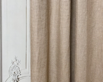 Modern Vintage Brown Tiny Plaid Pattern Washed Linen Curtain Natural Beige Background Drapery Panel 55 Width Various Lengths Custom Drapes