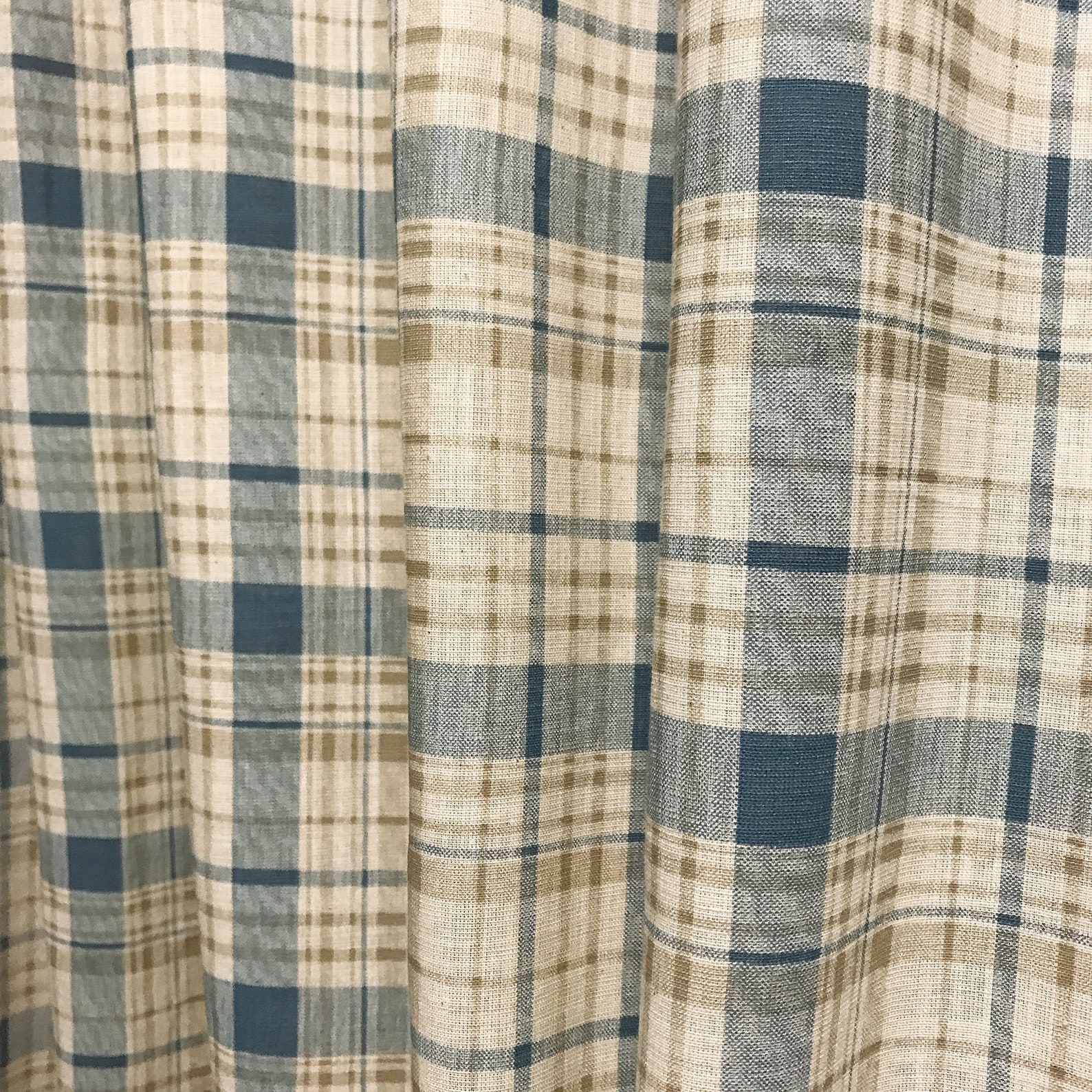 Modern Vintage Blue Beige Check Plaid Curtains Washed Cotton Etsy