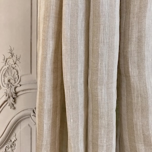 Modern Vintage Oatmeal with Brown Vertical Stripe Linen Curtain Natural Beige Background Drapery 52 Width Various Lengths Custom Drapes
