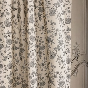 Modern Vintage Black Floral Patterned Oxford Cotton Curtain Natural Beige Background Drapery Panel 39 in Width Various Lengths Custom Drapes