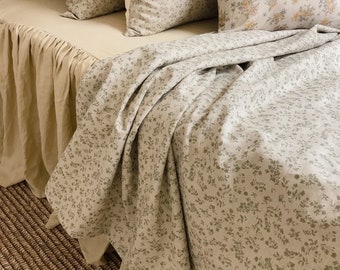 Modern Vintage Sage Green Floral Pattern Washed Linen Cotton Natural Beige Background Duvet Cover Twin Queen Full King CalKing