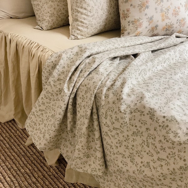 Modern Vintage Sage Green Floral Pattern Washed Linen Cotton Natural Beige Background Duvet Cover Twin Queen Full King CalKing