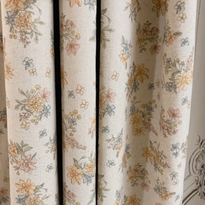 Modern Vintage Pale Orange Light Pink Floral Print Linen Cotton Curtain Natural Beige Background Drapery Panel 53Width Various Custom Length