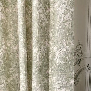 Modern Vintage Sage Green Bold Bloom Floral Print Washed Linen Cotton Curtain Beige Background Drapery Panel 53 Width Various Custom Lengths