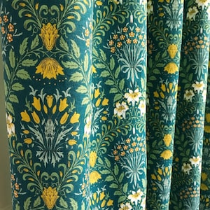 Modern Vintage Mustard Floral Botanical Big Pattern Washed Linen Cotton Curtain Teal Green Background Drapery Panel 53 Width Various Lengths