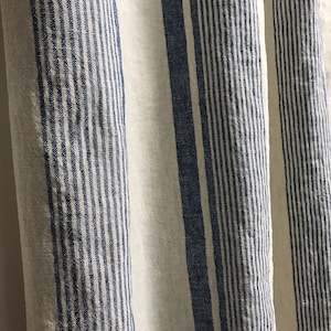 Vintage Blue Vertical Striped Accent Linen Curtain Raw Linen Natural Beige Background Drapery Panel 39 Width Various Lengths Custom Drapes