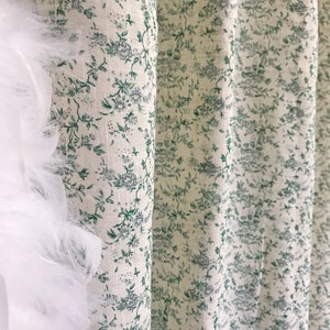 Modern Vintage Green Light Grey Floral Patterned Cotton Curtain Natural Beige Background Drapery Panel 53 Width Various Length Custom Drapes