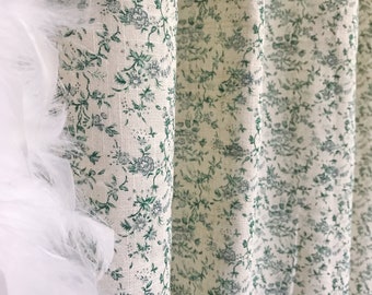 Modern Vintage Green Light Grey Floral Patterned Cotton Curtain Natural Beige Background Drapery Panel 53 Width Various Length Custom Drapes