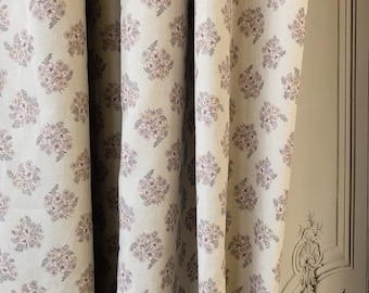 Modern Vintage Beige Brown Floral Print Washed Linen Cotton Curtain Natural Beige Background Drapery Panel 53 Width Various Custom Lengths