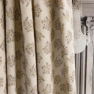 Modern Vintage Beige Brown Floral Print Washed Linen Cotton Curtain Natural Beige Background Drapery Panel 53 Width Various Custom Lengths
