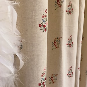 Modern Vintage Red Pink Floral Pattern Washed Linen Cotton Curtain Natural Beige Background Drapery Panel 53 Width Various Custom Lengths