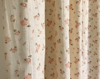 Modern Vintage Pink Floral Pattern Washed Cotton Curtain Natural Beige Background Drapery Panel 53 Width Various Lengths Custom Drapes