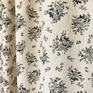 Modern Vintage Mood Grey Roses Pattern Washed Cotton Curtain Natural Beige Background Drapery Panel 53 Width Various Lengths Custom Drapes