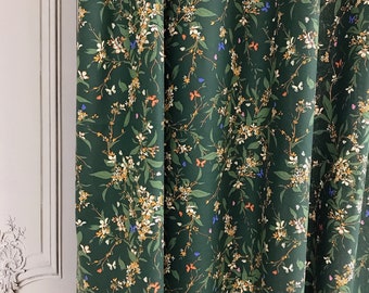 Modern Vintage Orange Yellow Floral Green Leaves Washed Linen Cotton Curtain Deep Green Background Drapery 53 Width Various Custom Lengths