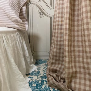 Modern Vintage Pale Red Bean Brown and Natural Beige Gingham Linen Curtain Drapery Panel 50 Width Various Lengths Custom Drapes