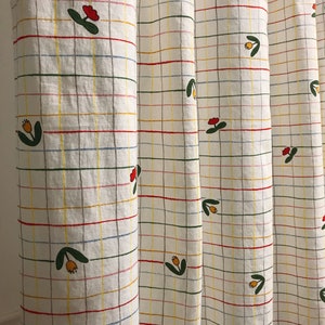 Multi-Color Stripes Tulips Pattern Washed Linen Cotton Curtain Ivory Background Drapery Panel 53 Width Various Lengths Custom Drapes