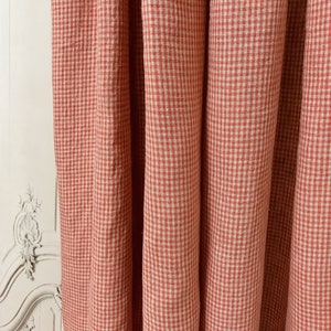 Vintage Red Tiny Plaid Pattern Linen Curtain Dark Shade Natural Beige Background Drapery Panel 55 Width Various Lengths Custom Drapes