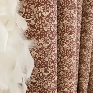Modern Vintage Natural Beige Floral Print Washed Linen Cotton Curtain Deep Reddish Brown Background Drapery 53 Width Various Custom Lengths