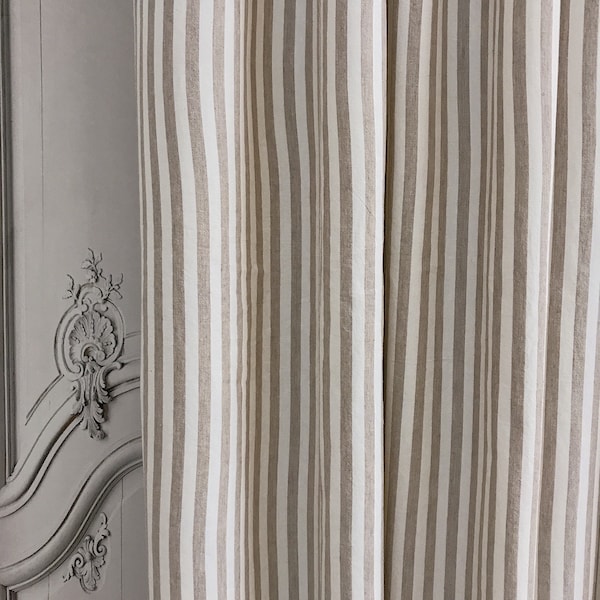 Modern Vintage Faded Light Brown Striped Curtain with Ivory Background Cotton Drapery Panel 55 Width Various Lengths Custom Drapes