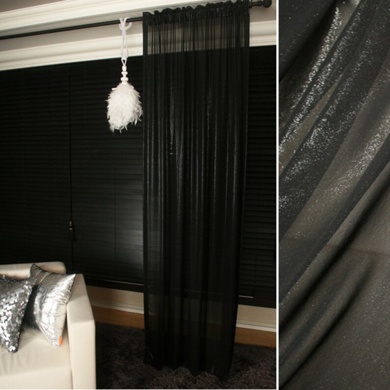Shiny Black Sheer Glitter Chiffon Curtain Plain Voile Image 0